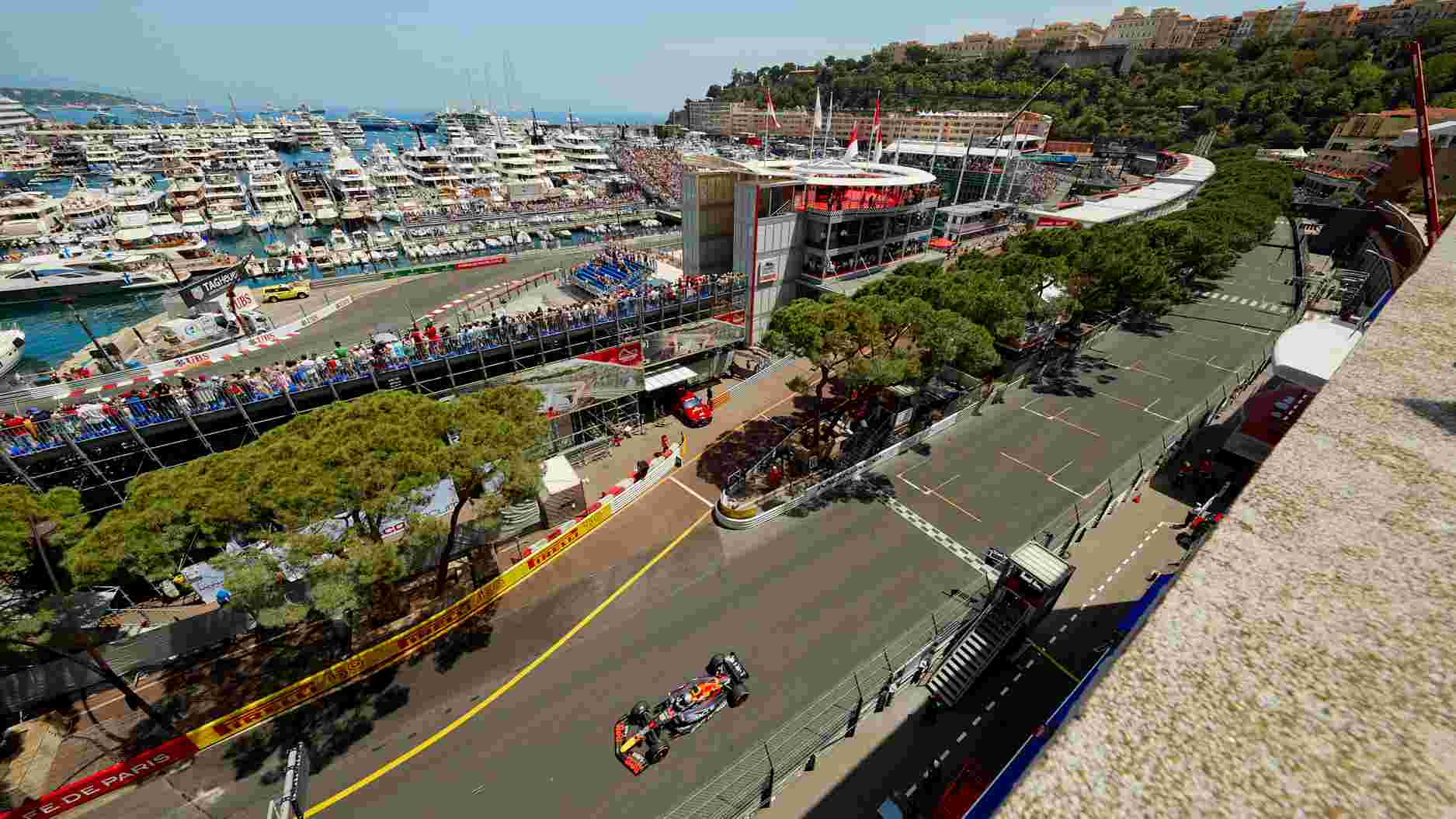 F1 race action on the start-finish line from Heracles Roof Terrace